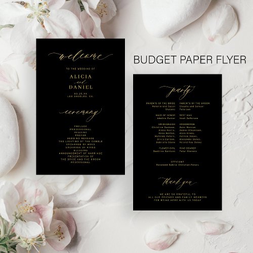 Budget simple script gold black wedding program flyer