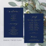 Budget simple script gold navy wedding program flyer<br><div class="desc">Modern simple minimalist faux gold script trendy ceremony and party BUDGET affordable dark navy blue wedding program PAPER FLYER template featuring chic trendy calligraphy. Easy to personalize with your custom text on both sides! PLEASE READ THIS BEFORE PURCHASING! This is a low budget affordable program printed on a FLYER (advertising...</div>