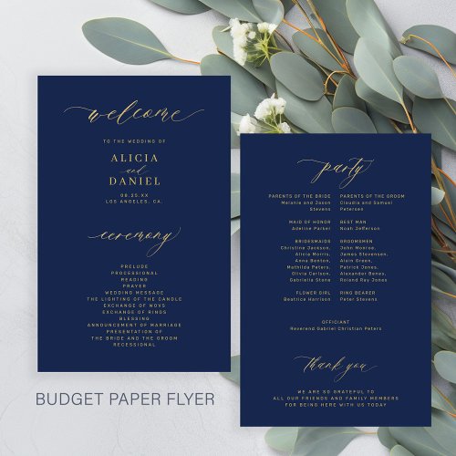 Budget simple script gold navy wedding program flyer