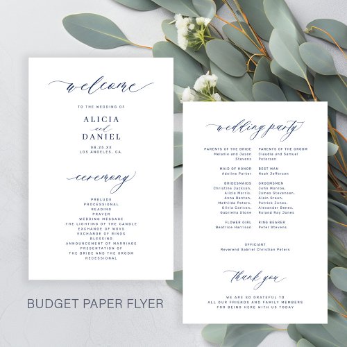 Budget simple script navy white wedding program flyer