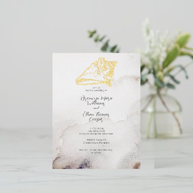 Budget Simple Seashell Sandy Beach Foil Invitation Postcard (Standing Front)