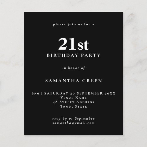 Budget Simple Text Black 21st Birthday Invitation