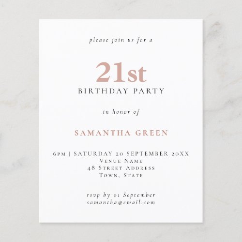 Budget Simple Text Blush 21st Birthday Invitation