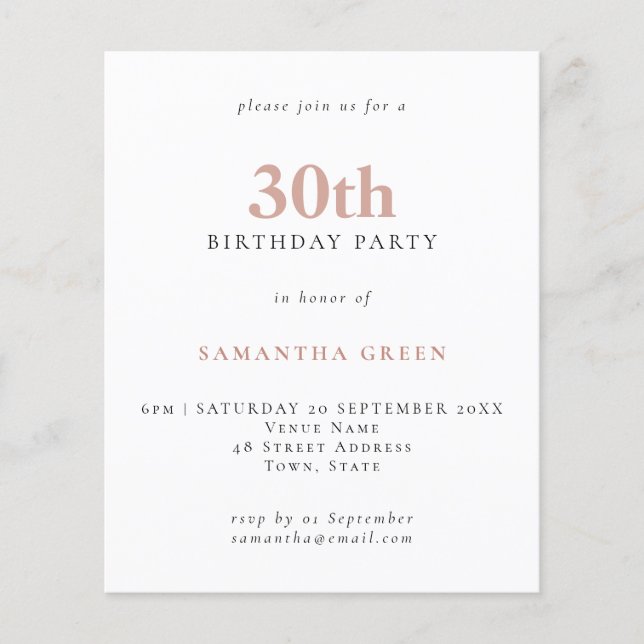 Budget Simple Text Blush 30th Birthday Invitation (Front)