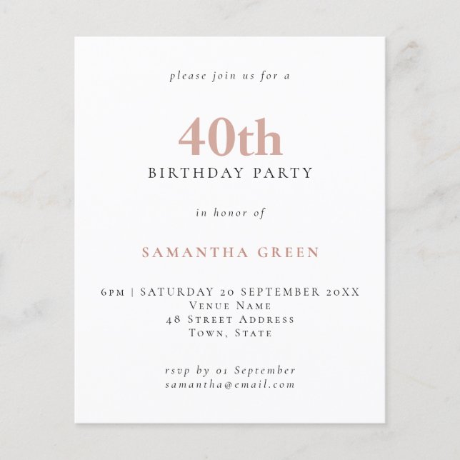 Budget Simple Text Blush 40th Birthday Invitation (Front)
