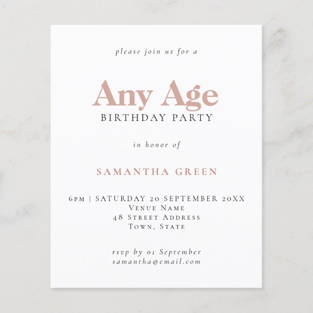 Budget Simple Text Blush Age Birthday Invitation (Front)
