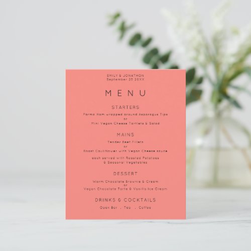 Budget Simple Text Coral Rose Pink Wedding Menu