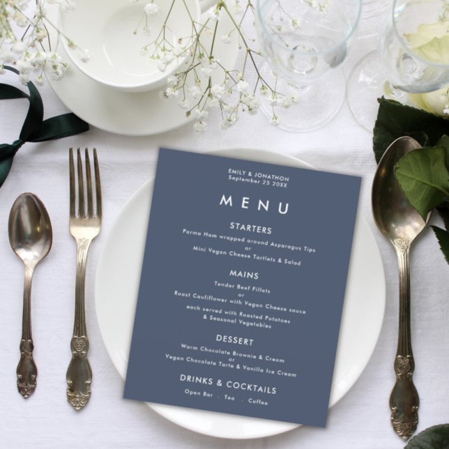 Budget Simple Text Dusty Navy Blue Wedding Menu (Creator Uploaded)
