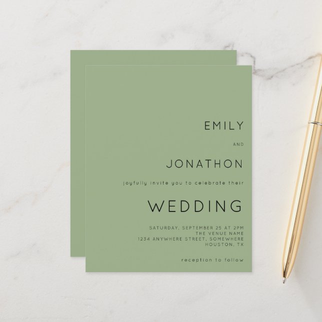 Budget Simple Text Sage Green Wedding Invitation (Front/Back In Situ)