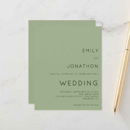Budget Simple Text Sage Green Wedding Invitation