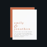 Budget Simple Text Terracotta Wedding Invitation<br><div class="desc">Simple Text Terracotta Wedding Invitation.A budget price SMALLER 4.5” x 5.6” alternative. Available in a SEMI-GLOSS 110 lb CARD STOCK which is the default option (thicker for invitations), OR a SATIN FINISH 80 lb THINNER PAPER STOCK (ideal for enclosures). Envelopes are an optional extra and are slightly larger than the...</div>