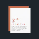 Budget Simple Text Terracotta Wedding Invitation<br><div class="desc">Simple Text Terracotta Wedding Invitation.A budget price SMALLER 4.5” x 5.6” alternative. Available in a SEMI-GLOSS 110 lb CARD STOCK which is the default option (thicker for invitations), OR a SATIN FINISH 80 lb THINNER PAPER STOCK (ideal for enclosures). Envelopes are an optional extra and are slightly larger than the...</div>