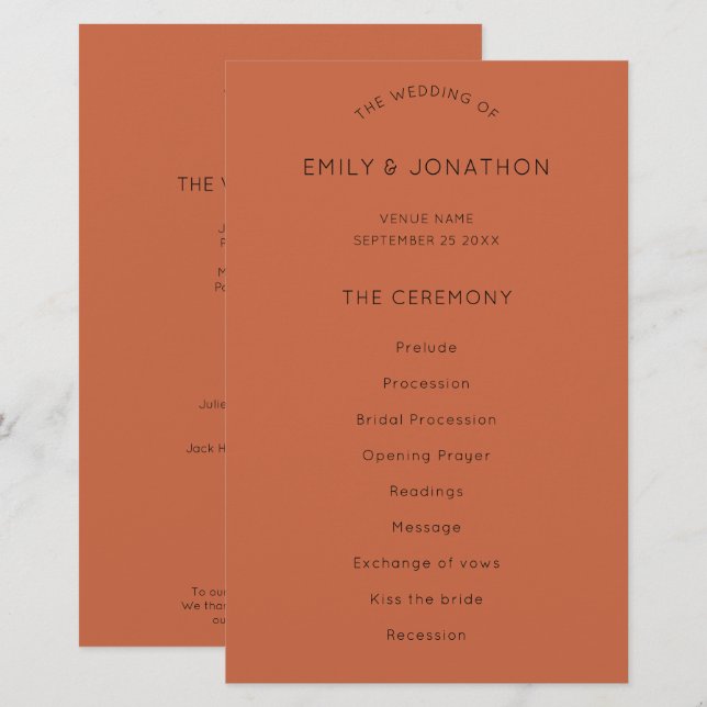 Budget Simple Text Terracotta Wedding Program (Front/Back)