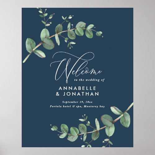 Budget simple wedding elegant navy blue eucalyptus poster