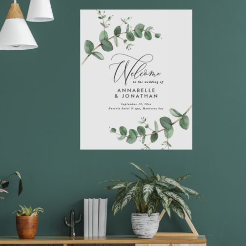 Budget simple wedding elegant welcome eucalyptus poster