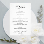 Budget Simple White Wedding Menu Flyer<br><div class="desc">An excellent value, a 5.5" x 8.5" white dinner menu is printed on thinner 80 lb uncoated matte paper and features your food choices in chic lettering. Perfect for a modern wedding reception, wedding rehearsal dinner, anniversary party or any special event with a sit-down dinner. MORE DESIGNS and colors in...</div>