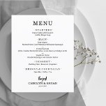 Budget Simple White Wedding Menu Flyer<br><div class="desc">An excellent value, a white dinner menu printed on thinner 80 lb uncoated matte paper features your food choices in chic lettering. Perfect for a modern wedding reception, wedding rehearsal dinner, anniversary party or any special event with a sit-down dinner. Measures 4.5" x 5.6", but you can choose from 3...</div>