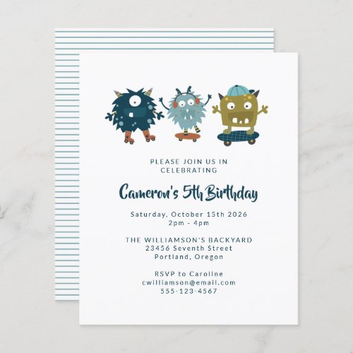 Budget Skateboard Monsters 5th Birthday Invitation