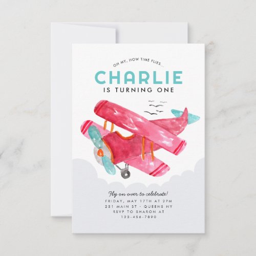 Budget Sky Cloud Watercolor Red Airplane Birthday Note Card