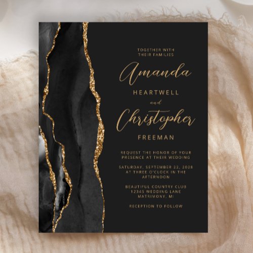 Budget Slate Black Gold Agate Wedding Invitation