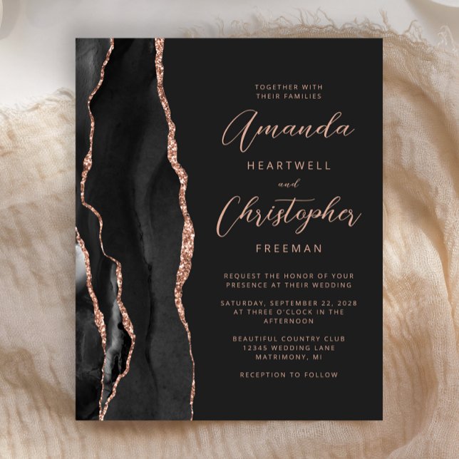 Budget Slate Black Rose Gold Agate Wedding Invite (Creator Uploaded)