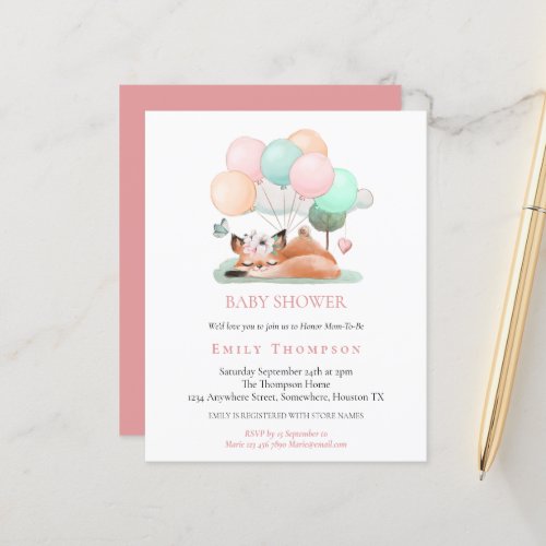 Budget Sleeping Fox Pink Baby Shower Invitation