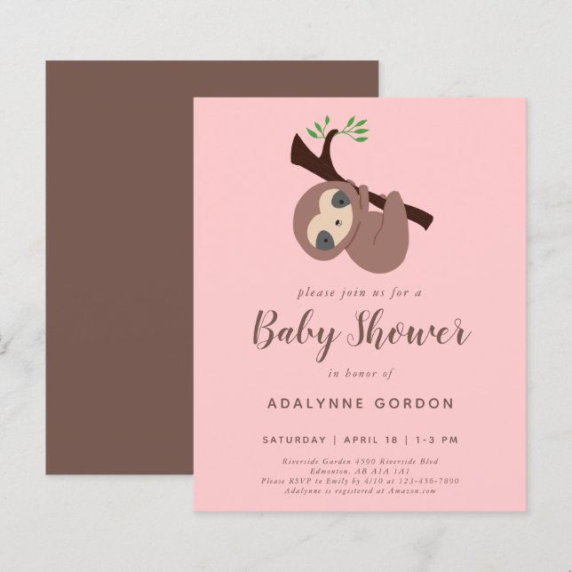Budget Sloth Baby Shower Girl Pink Brown Cute  (Front/Back)