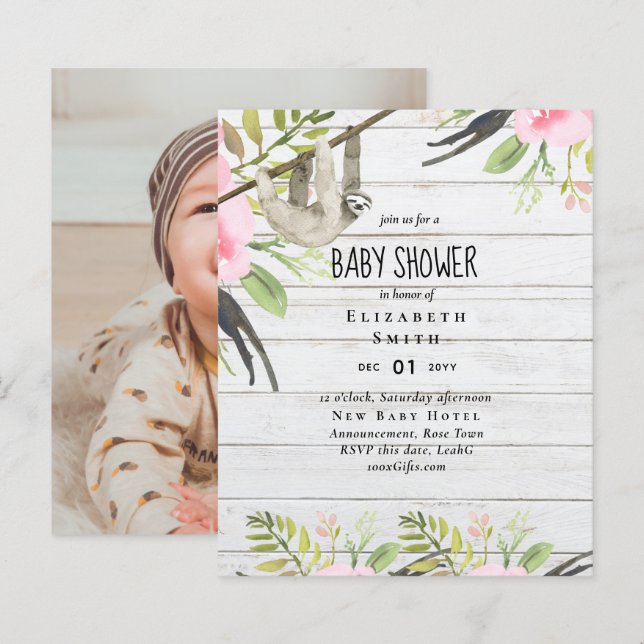 BUDGET Sloth PHOTO BABY Event Invitation Girl Boy (Front/Back)