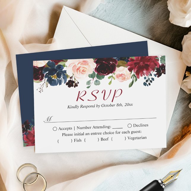 Budget Small RSVP | Burgundy Red Navy Blue Floral Note Card (Creator Uploaded)