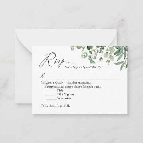 Budget Small RSVP | Greenery Eucalyptus Leaves Note Card - Greenery Eucalyptus Leaves | Budget Wedding RSVP Reply Card. For further customization, please use Zazzle's design tool to modify this template. 