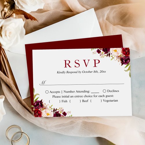 Budget Small Wedding RSVP  Burgundy Blush Floral Note Card