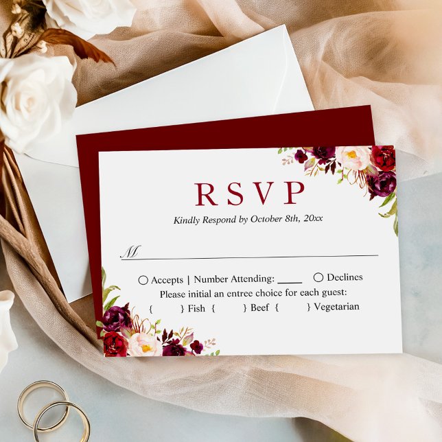 Budget Small Wedding RSVP | Burgundy Blush Floral Note Card (Creator Uploaded)