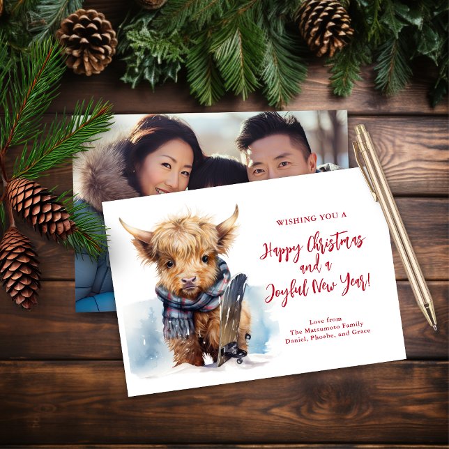 Budget Snowboarding Highland Cow Photo Card (Creator Uploaded)