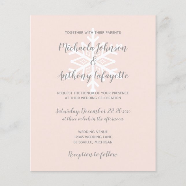 Budget Snowflake Blush Winter Wedding Invitation (Front)
