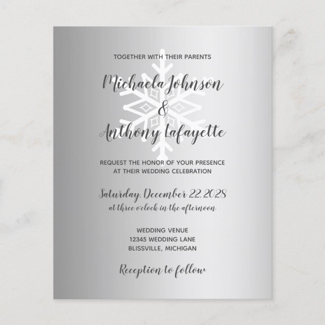 Budget Snowflake Silver Winter Wedding Invitation (Front)