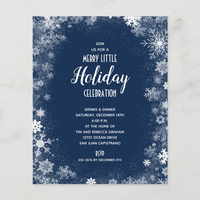Budget Snowflakes on Navy Holiday Invitation Flyer (Front)