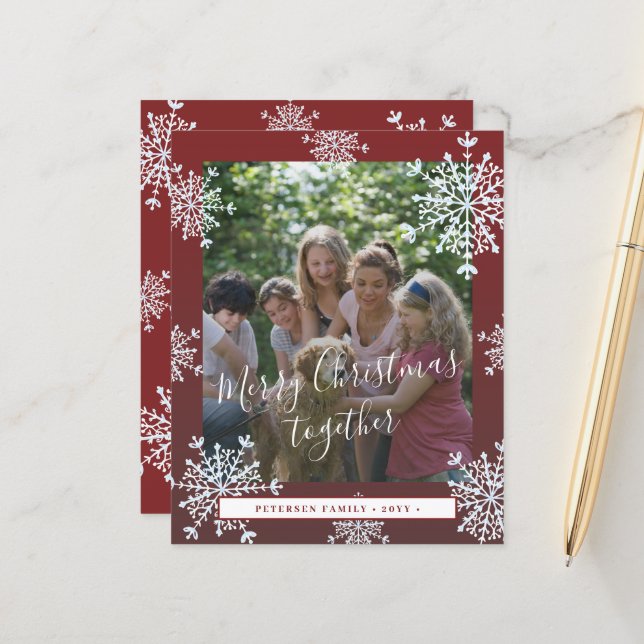 Budget snowflakes photo Christmas red holiday card (Front/Back In Situ)