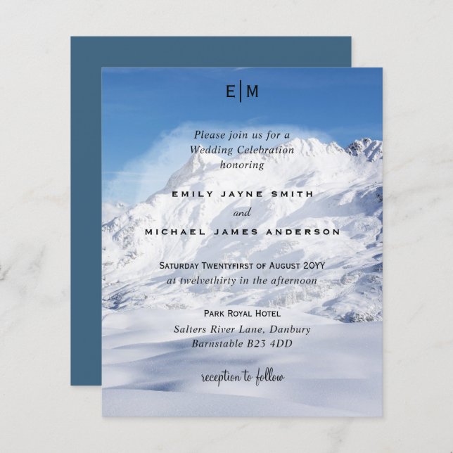 Budget Snowy Mountain Alps Skiing Wedding Invites (Front/Back)