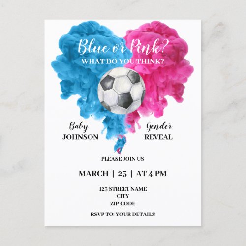 Budget soccer gender reveal invitation postcard