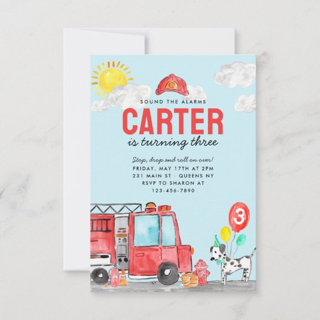 Budget Sound Alarm Fire Truck Firefighter Birthday Note Card (Front)