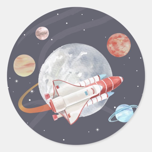 Budget Space Adventure Boy's Birthday Classic Round Sticker (Front)