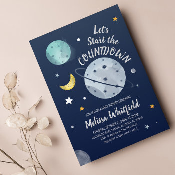 Budget Space Outer Baby Shower Navy Invitation by Milestone_Hub at Zazzle