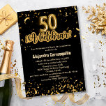 Budget Spanish Black & Gold Confetti 50th Birthday Invitation<br><div class="desc">Celebrate a milestone in style with this Spanish Glam Black and Gold Confetti 50th Birthday Invitation, perfect for an elegant 50th birthday party for him or her. Featuring golden balloon numbers "50" and the festive phrase "¡A Celebrar!" (Let's Celebrate!) in luxurious black and gold script, this invitation exudes sophistication. Gold...</div>