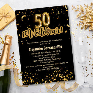 Budget Spanish Black & Gold Confetti 50th Birthday Invitation