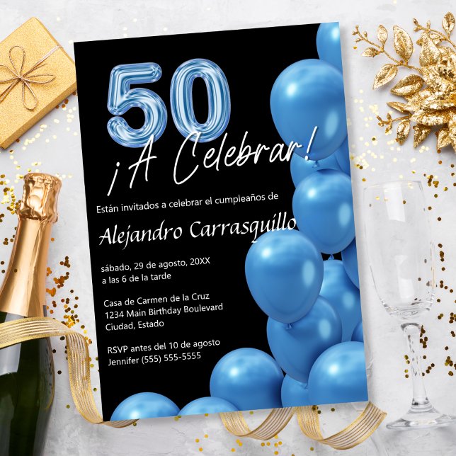 Budget Spanish Blue Balloons Black 50th Birthday Invitation (Creator Uploaded)