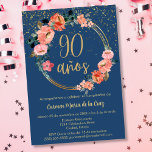 Budget Spanish Blue Elegant 90th Birthday Party Invitation<br><div class="desc">Celebra su 90º cumpleaños con elegancia usando esta sofisticada invitación en azul y dorado en español. El diseño presenta un fondo azul Egeo refinado, resaltado por un marco floral circular adornado con delicadas flores rosadas y acentos dorados. En el centro, "90 años" está bellamente presentado en caligrafía dorada, con destellos...</div>