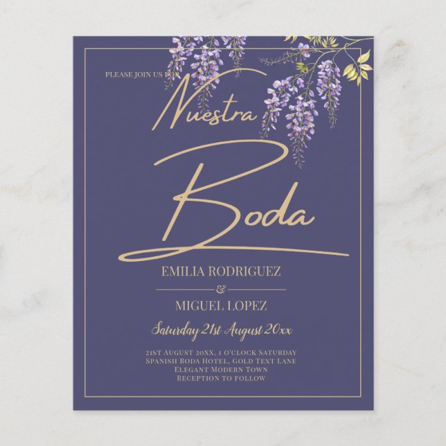 BUDGET Spanish BODA Wisteria Purple Gold Wedding Flyer (Front)