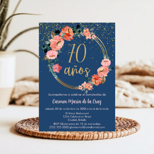 Budget Spanish Chic Blue Pink Floral 70th Birthday Invitation