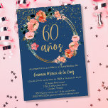 Budget Spanish Elegant Floral 60th Birthday Party Invitation<br><div class="desc">Celebra su 60º cumpleaños con estilo usando esta elegante invitación en azul y dorado en español. Con un refinado fondo azul Egeo, el diseño presenta un marco floral circular adornado con delicadas flores rosadas y detalles dorados. En el centro, "60 años" está bellamente resaltado en caligrafía dorada, con destellos brillantes...</div>