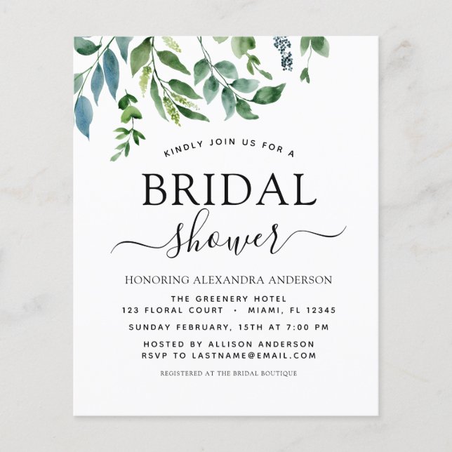 Budget Spring Bridal Shower Greenery Invitation Flyer (Front)